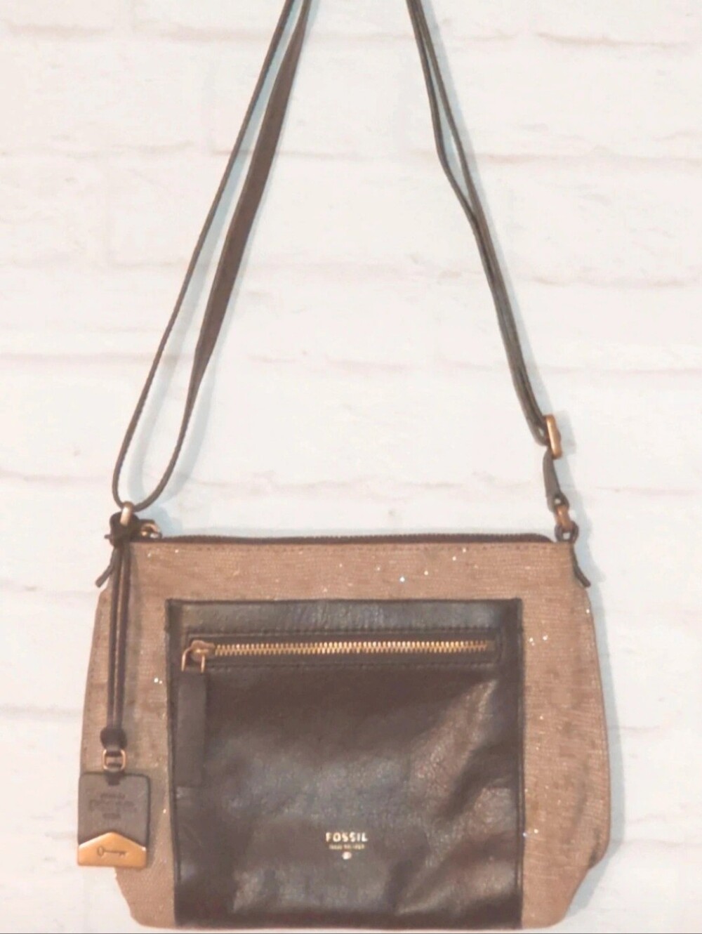 Fossil Vickery Brown Leather and Gold Metallic Textured Fabric Crossbody